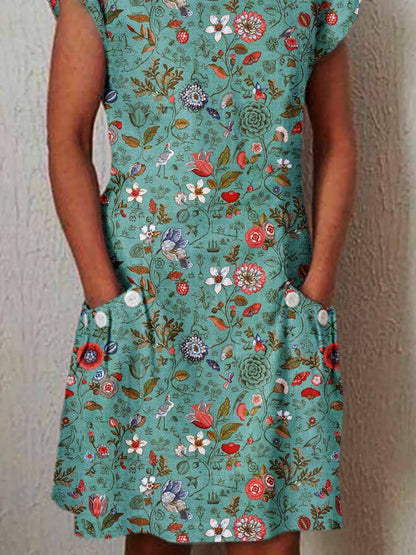 Women's Elegant Rose  Rose Floral Pattern Cotton and Linen Dress with Pockets