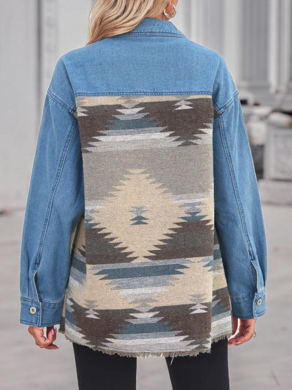 Women's Geometric Pattern Long Loose Denim Paneled Top