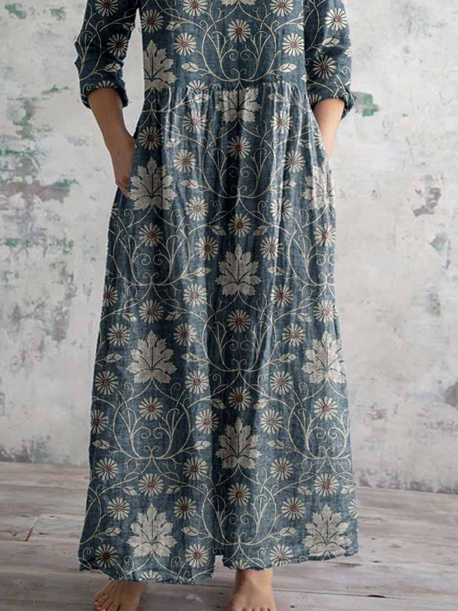 Robe élégante en coton et lin à motifs floraux vintage pour femme avec poches 