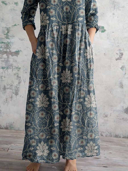 Robe élégante en coton et lin à motifs floraux vintage pour femme avec poches 