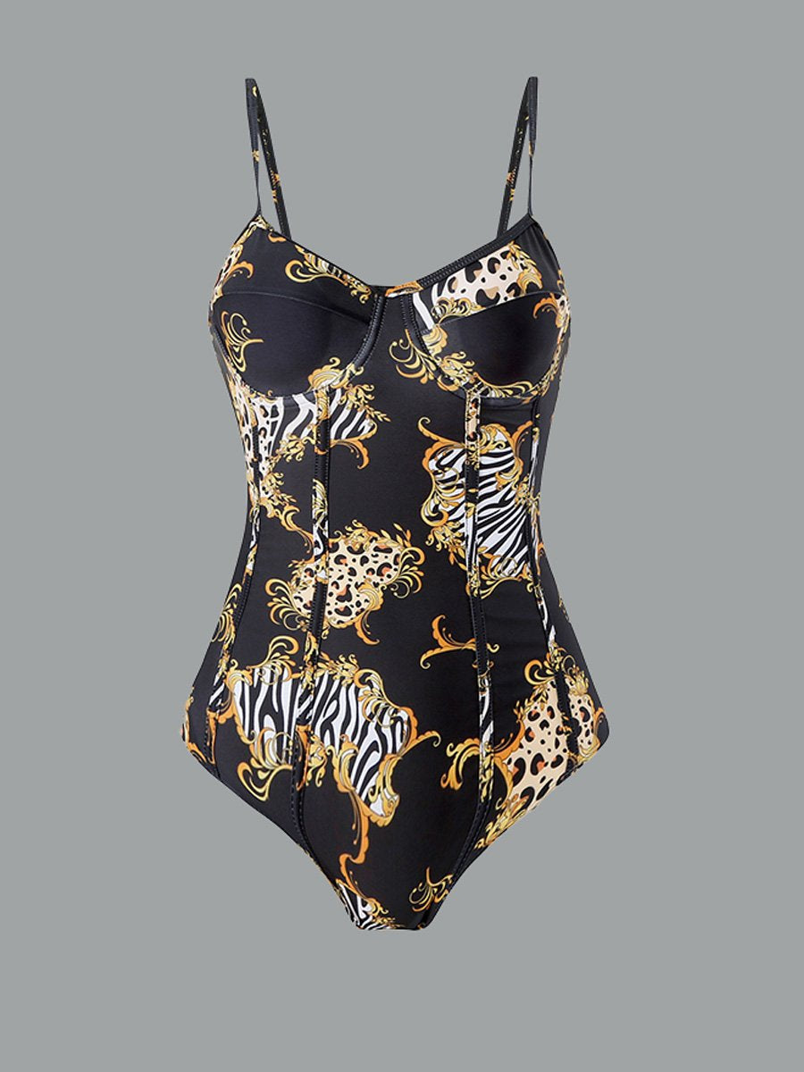 Maillot de bain une pièce pour femme, jupe longue en mousseline de soie à imprimé rétro 