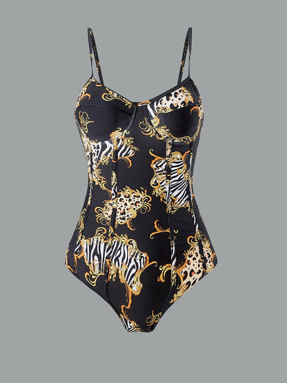 Maillot de bain une pièce pour femme, jupe longue en mousseline de soie à imprimé rétro 