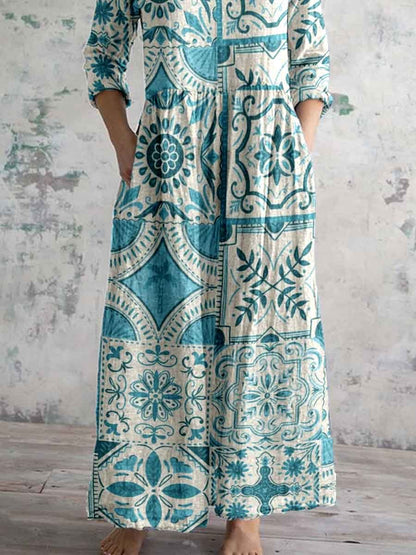 Women's Arty Bohemian Pattern V-Neck Cotton and Linen Dress