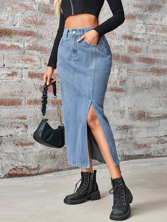 Women's Washed Denim Elastic Waist Slit Midi Skirt