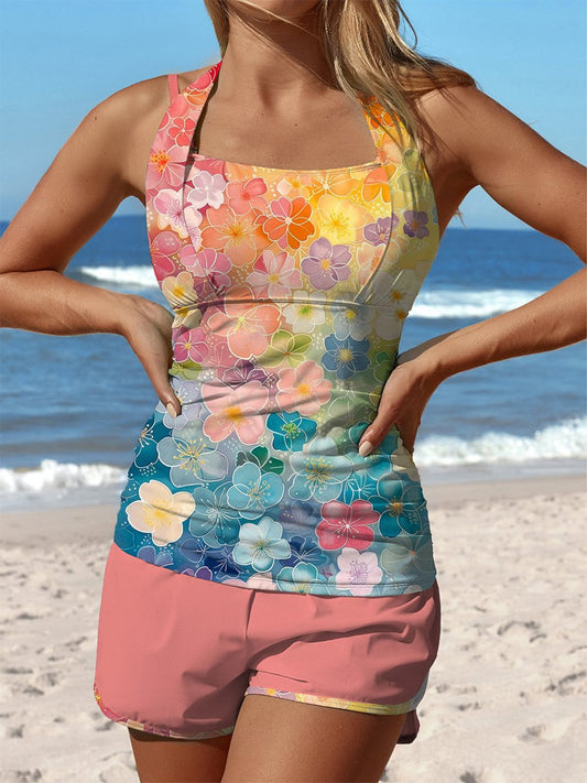 Vintage Gradient Flowers Illustration Art Print Halter Tops Tie At Neck Patchwork Mid Waisted Tankini Short Set Swimsuit
