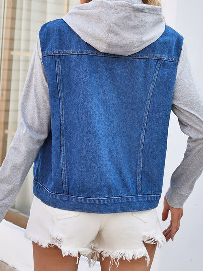 Women's Distressed Spliced Long Sleeve Denim Jacket Top