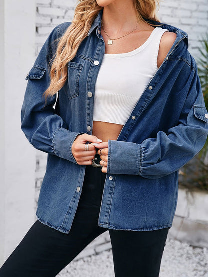 Women's Distressed Snap Button Long Sleeve Denim Shirt