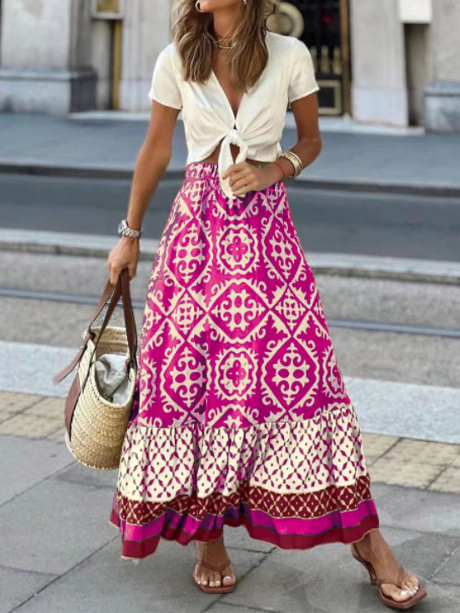 Women's Printed Spliced Loose Skirt