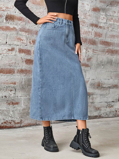 Women's Washed Denim Elastic Waist Slit Midi Skirt