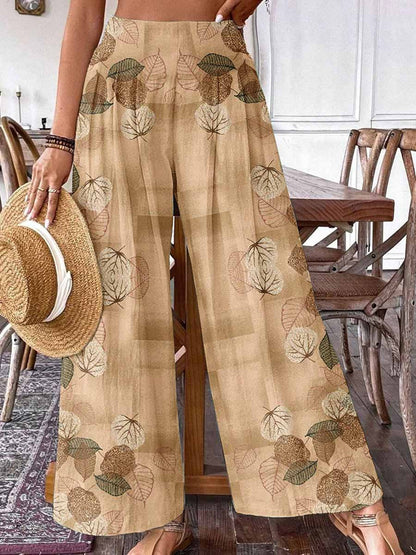Women's Vintage Leaf Print Pattern Cotton Wide Leg Pants