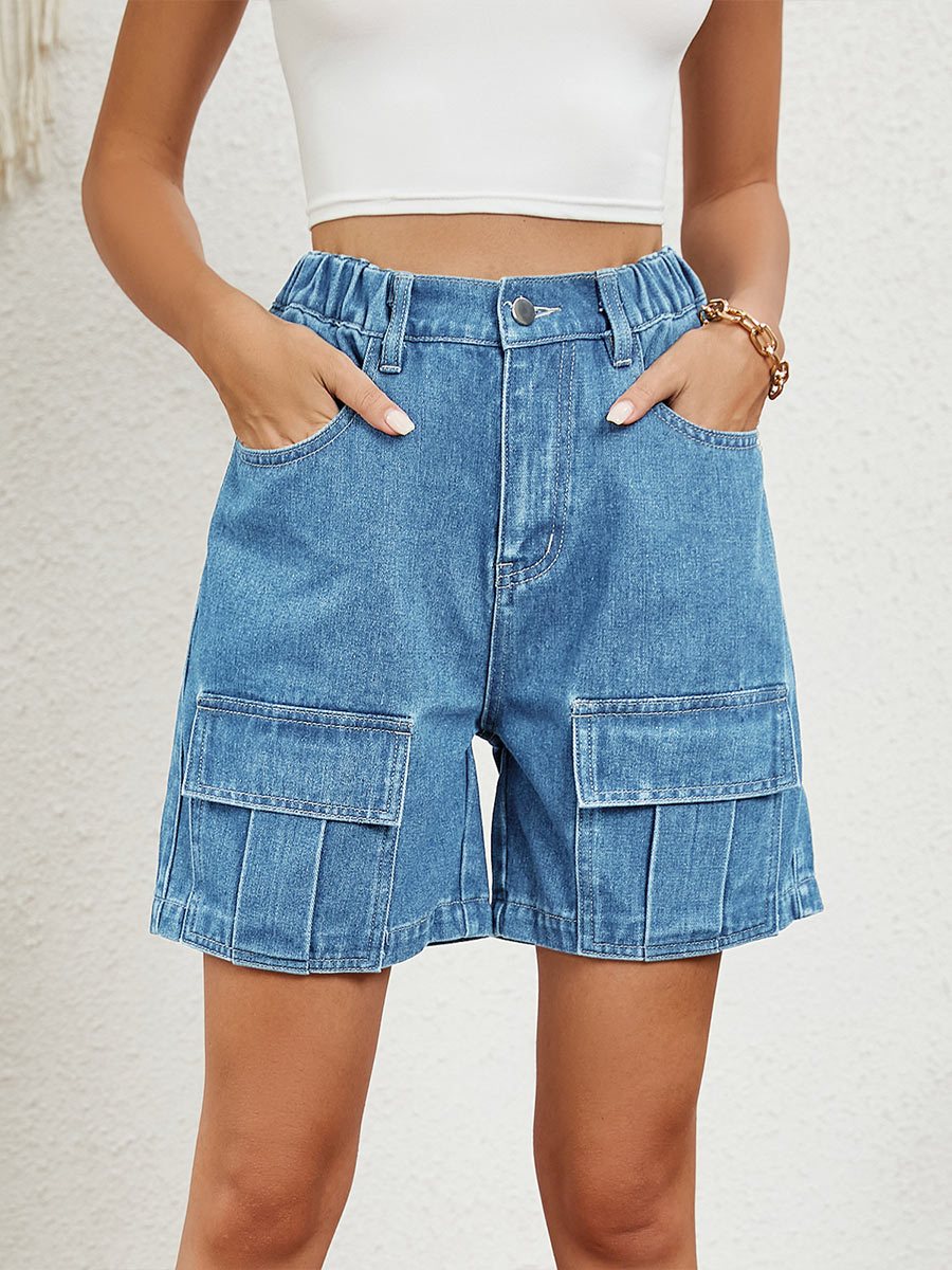 Women's Distressed Elastic Waist Cargo Casual Denim Shorts