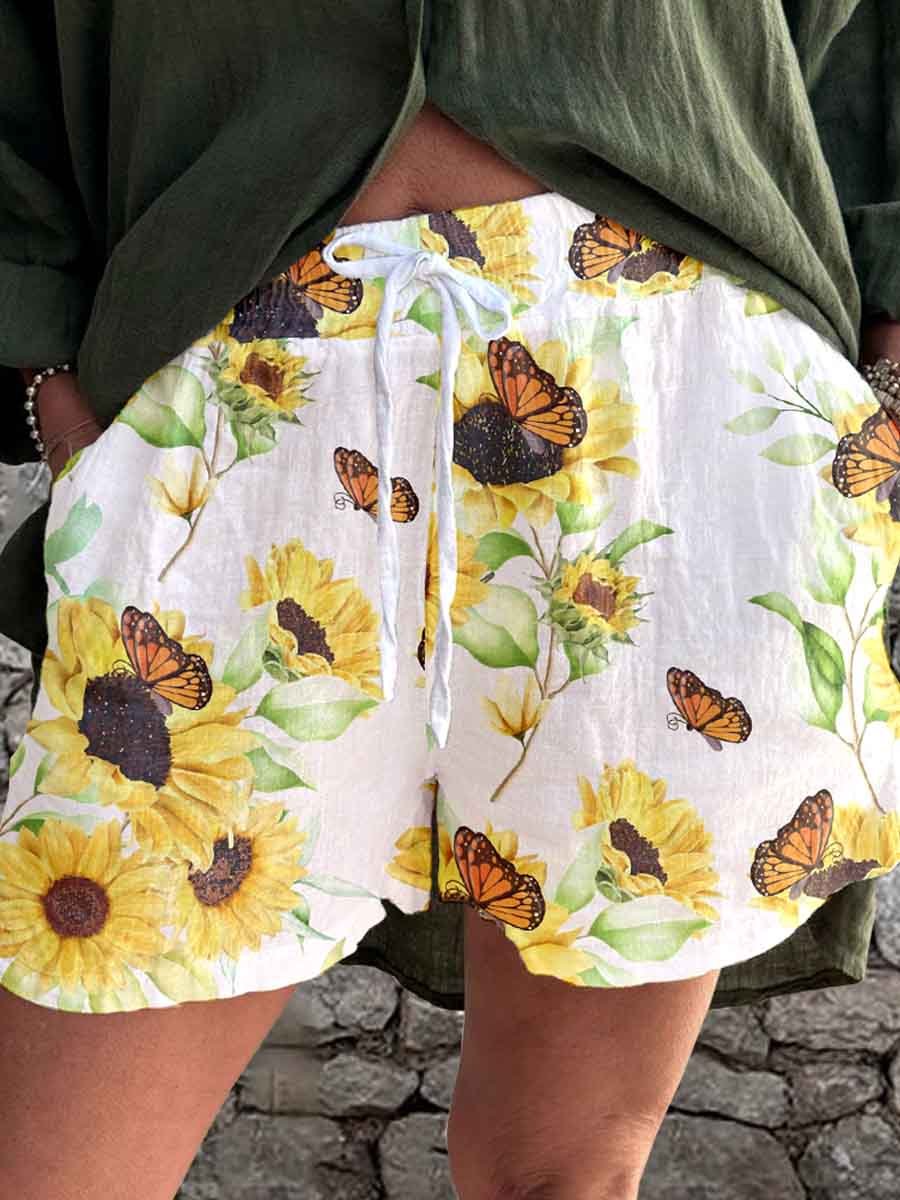 Women's Summer Elegant Simple Sunflower Floral Linen Strappy Shorts