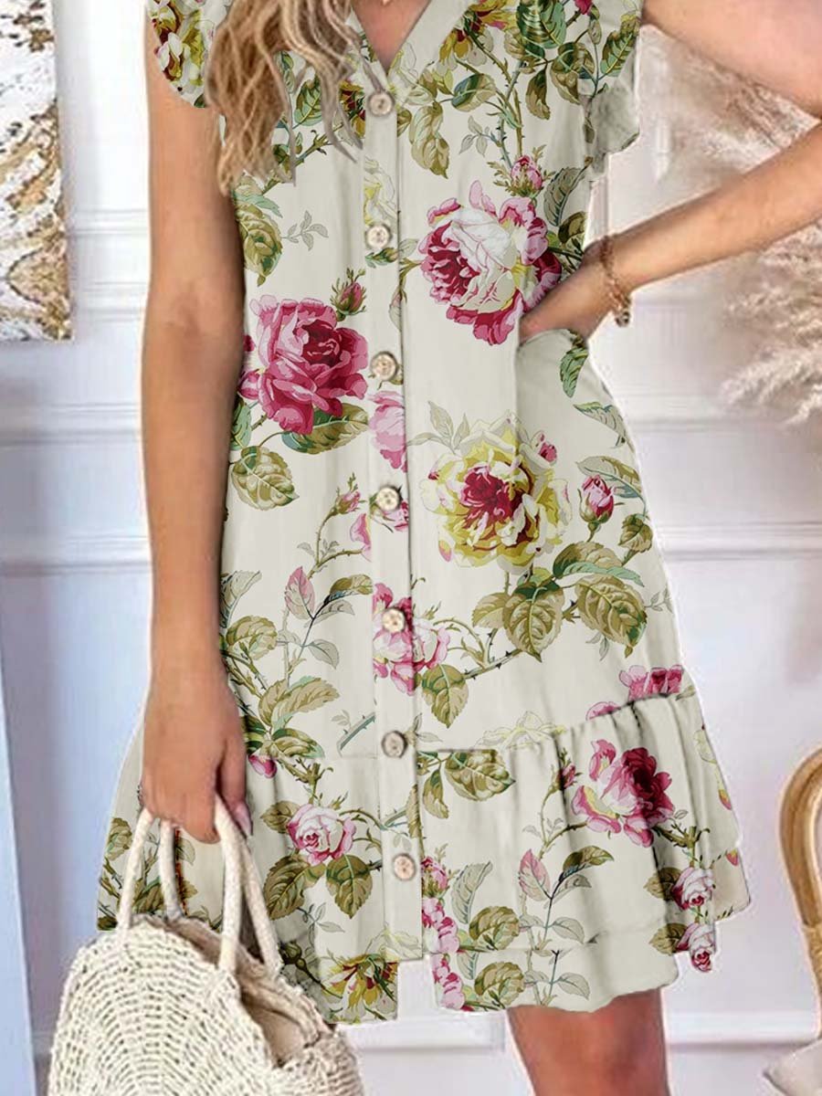 Women's Elegant  Rose Floral Pattern Graphic Ruffle Sleeve Hem Dress