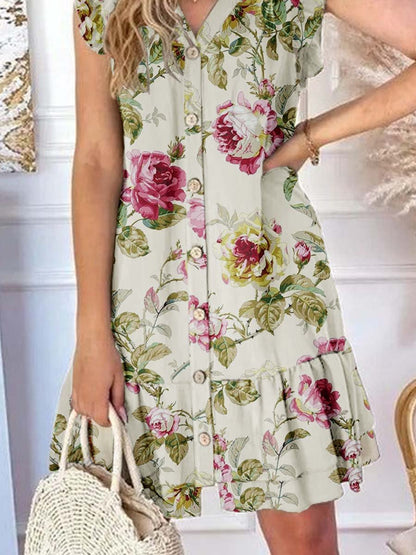 Women's Elegant  Rose Floral Pattern Graphic Ruffle Sleeve Hem Dress
