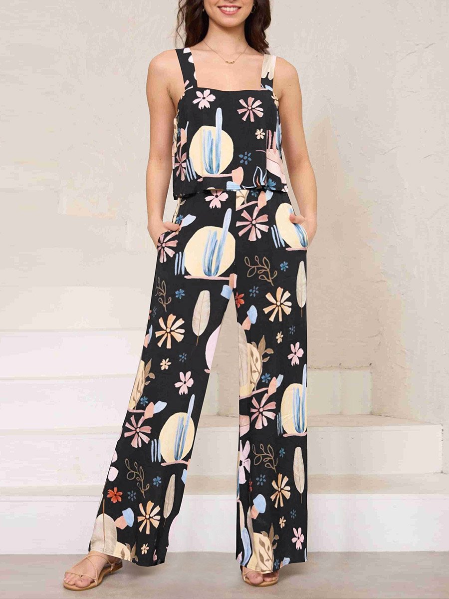 Women's Printed Suspenders Wide Leg Jumpsuit