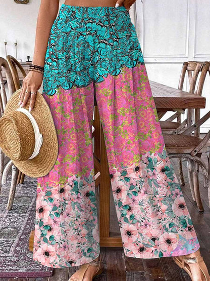 WWomen's Summer Floral Print Pattern Cotton Wide Leg Pants