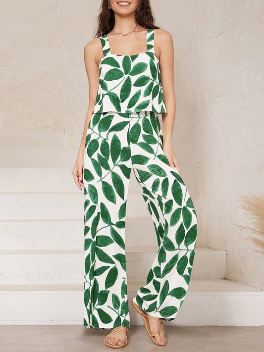 Women's Printed Suspenders Wide Leg Jumpsuit