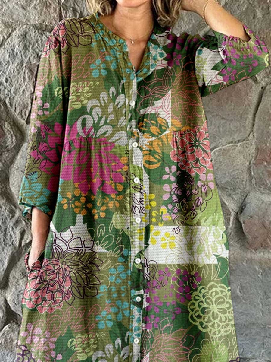 Women's Floral Art Print Cotton and Linen Shirt Dress