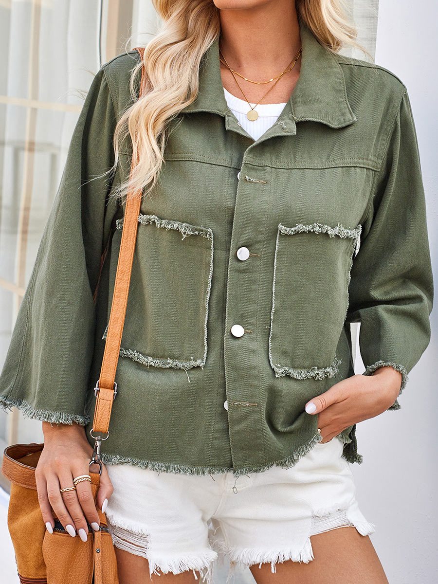 Women's Distressed Loose Three Quarter Sleeve Denim Jacket Top