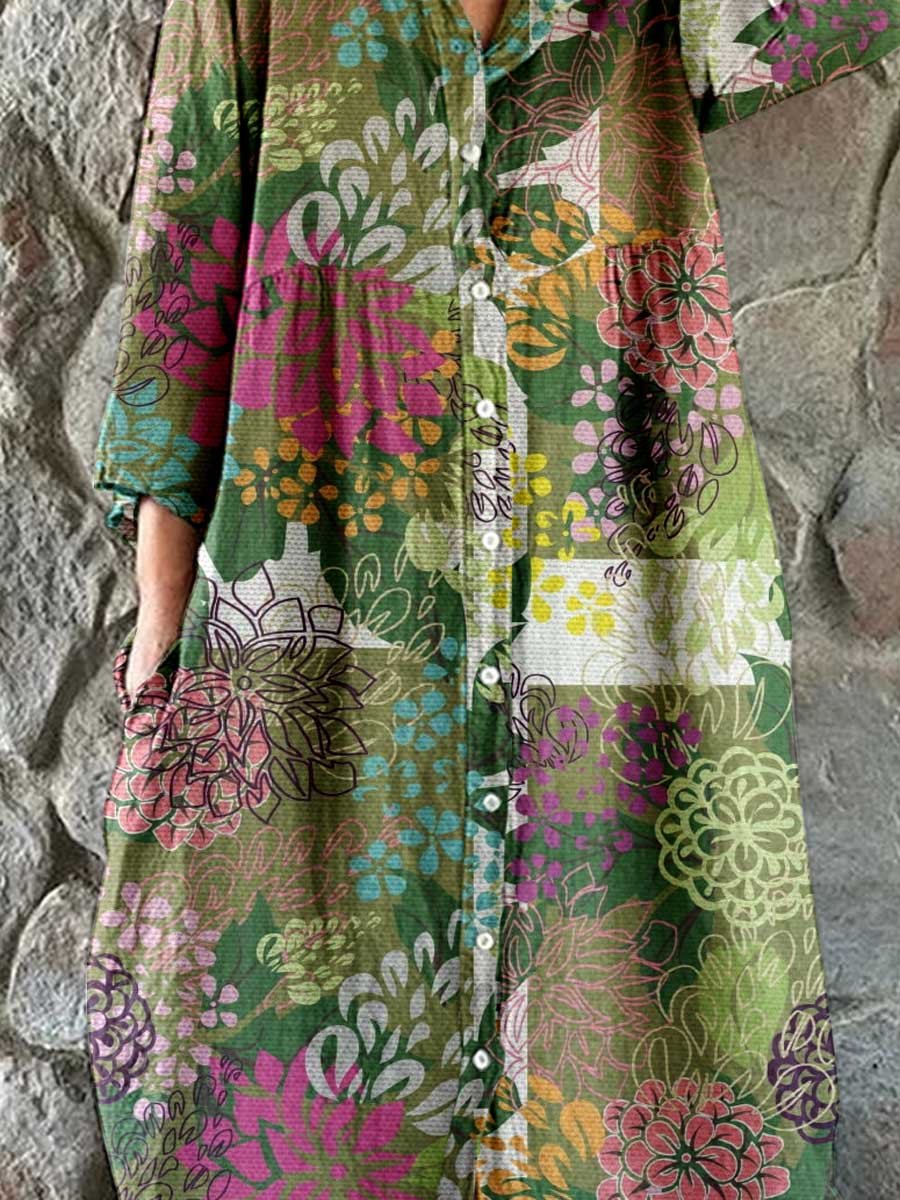 Women's Floral Art Print Cotton and Linen Shirt Dress