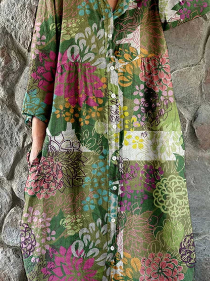 Women's Floral Art Print Cotton and Linen Shirt Dress