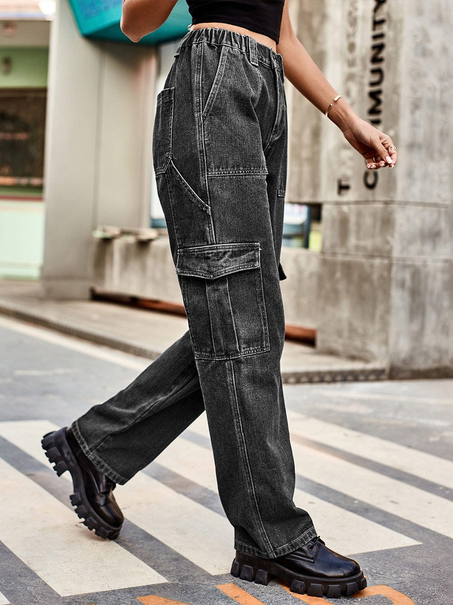 Women's Washed Elastic Waist Denim Overalls