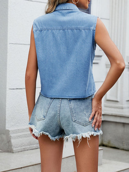 Women's Washed Denim Thin Lace-up Shirt Short Top