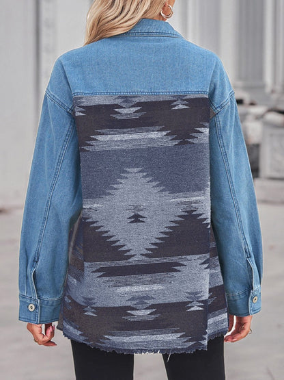 Women's Geometric Pattern Long Loose Denim Paneled Top