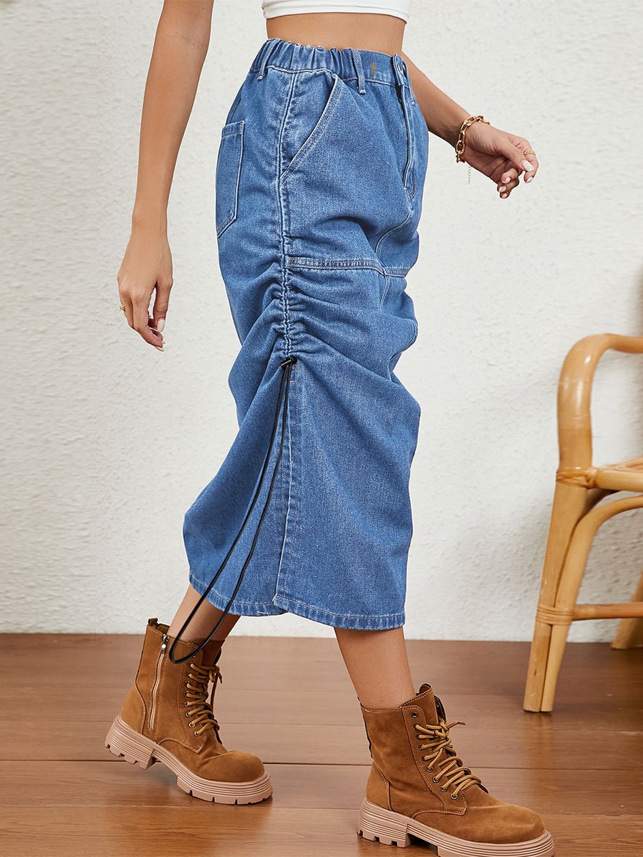 Women's Washed Elastic Waist Drawstring Denim Midi Skirt