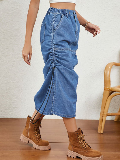 Women's Washed Elastic Waist Drawstring Denim Midi Skirt