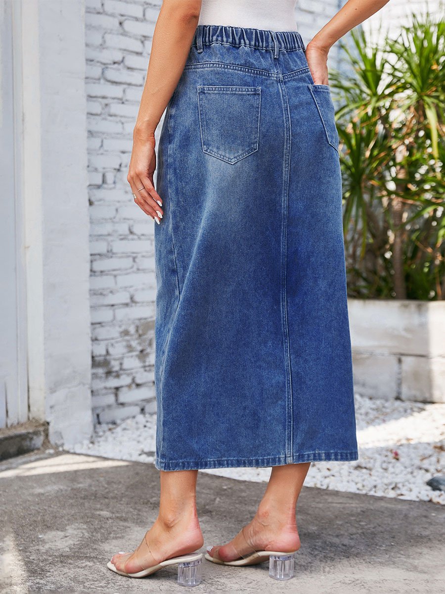 Women's Washed Elastic Waist Split Denim Midi Skirt