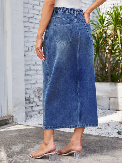 Women's Washed Elastic Waist Split Denim Midi Skirt
