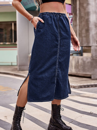 Women's Semi-elastic Waist Drawstring Denim Midi Skirtskirt