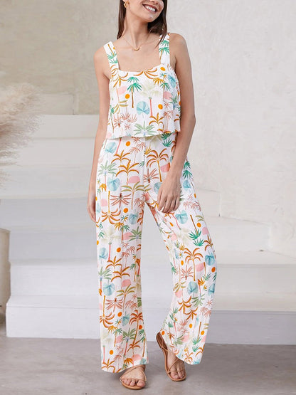 Women's Printed Suspenders Wide Leg Jumpsuit