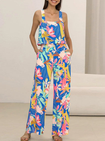 Women's Printed Suspenders Wide Leg Jumpsuit