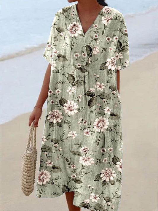 Women's Seaside Vacation Elegant Floral Pattern V-Neck Cotton and Linen Dress