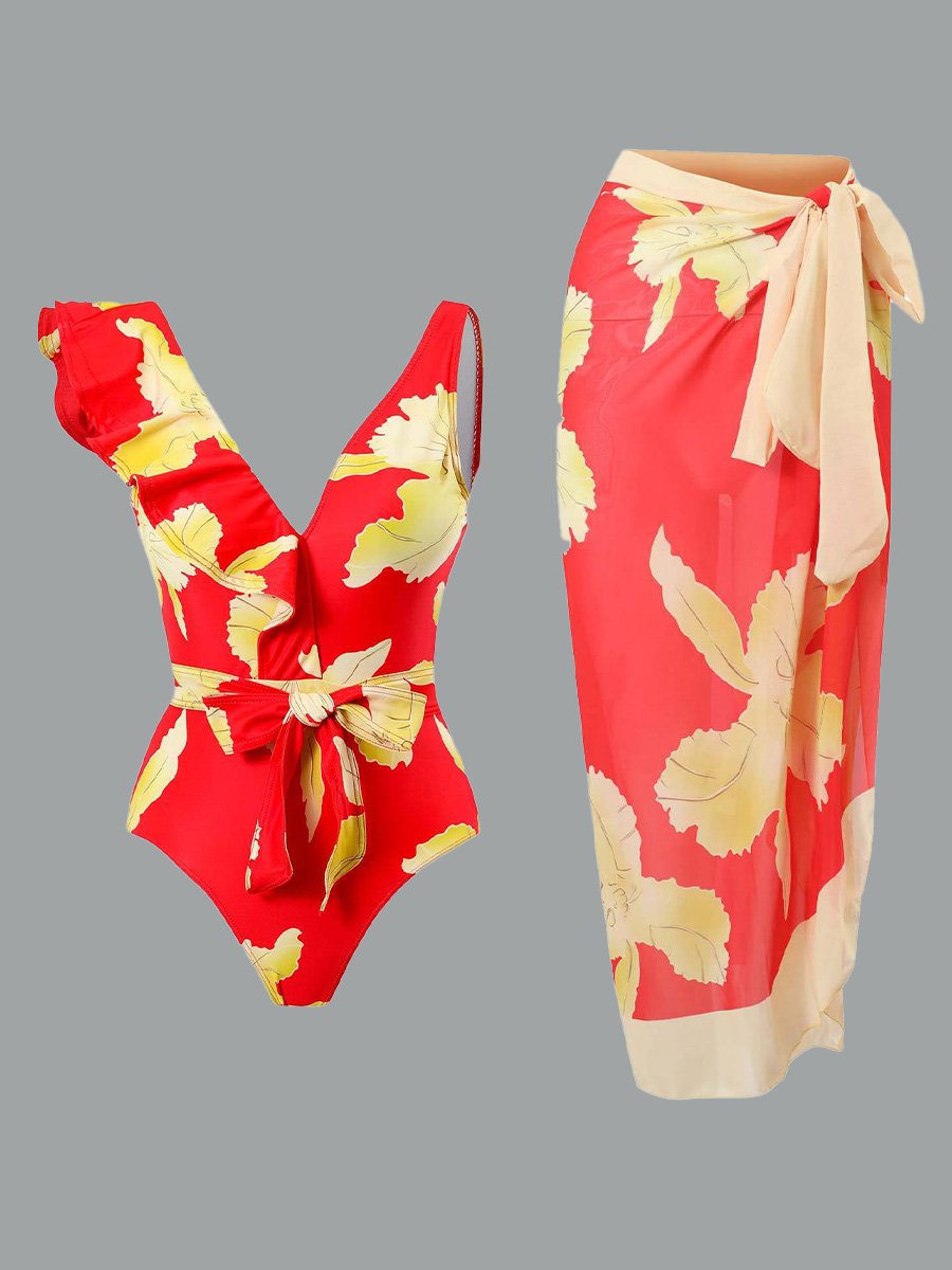 Jupe longue en mousseline de soie à imprimé rétro pour maillot de bain pour femme 