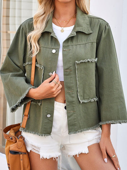 Women's Distressed Loose Three Quarter Sleeve Denim Jacket Top