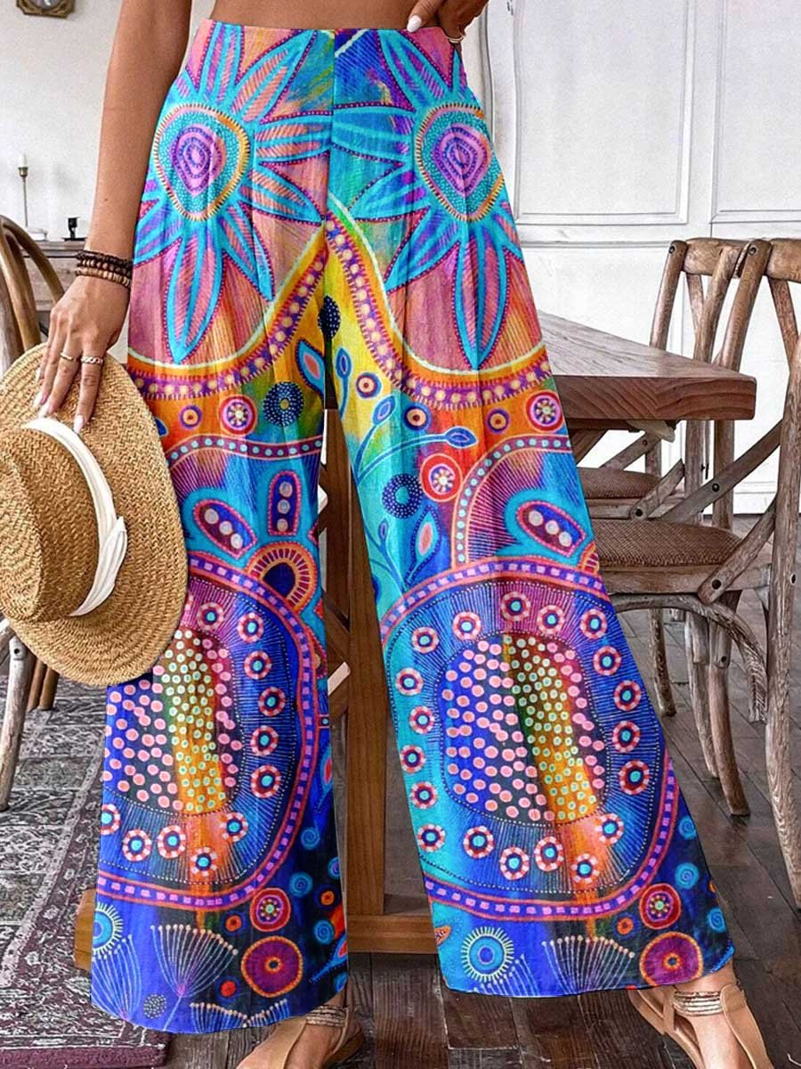 Pantalon large en coton à motif géométrique bohème artistique pour femme