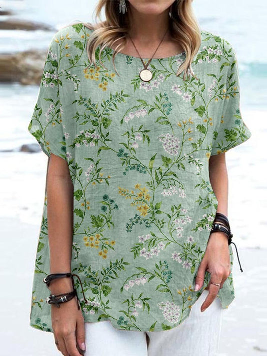 Women's Elegant Floral Cotton and Linen Top