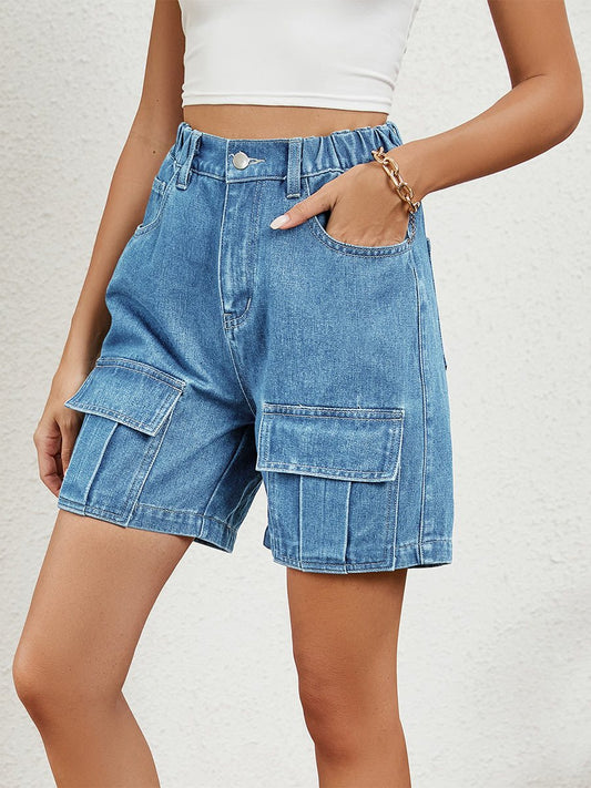 Women's Distressed Elastic Waist Cargo Casual Denim Shorts