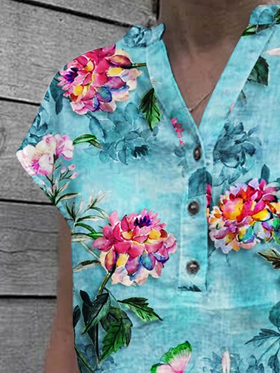 Women's  Floral Art Casual Cotton Shirt Top