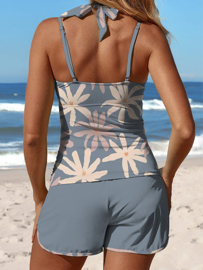 Grey Blue Line Flower Print Halter Patchwork Mid Waisted Tankini Short Set Swimsuit