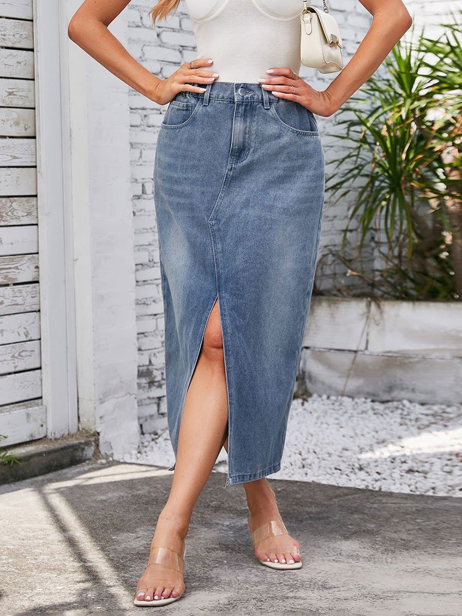 Women's Washed Elastic Waist Split Denim Midi Skirt
