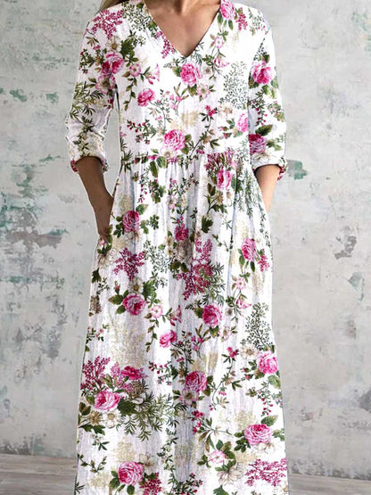 Women's Art Rose Floral V Neck Cotton and Linen Dress With Pockets