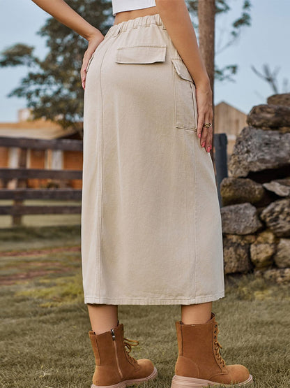 Women's Washed Lace-up Workwear Denim Slit Skirt