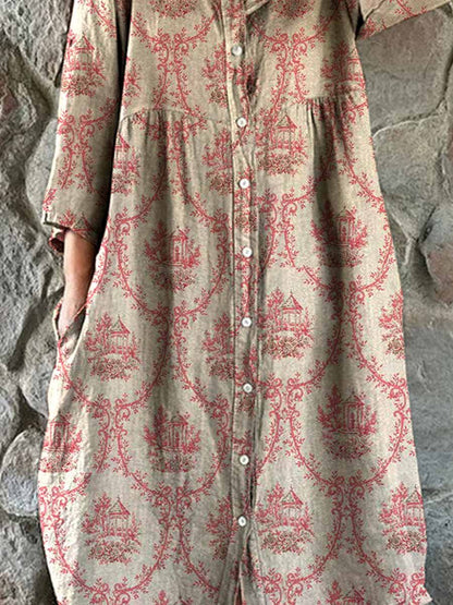 Women's Elegant Simple Floral Pattern Shirt Cotton and Linen Dress with Pockets