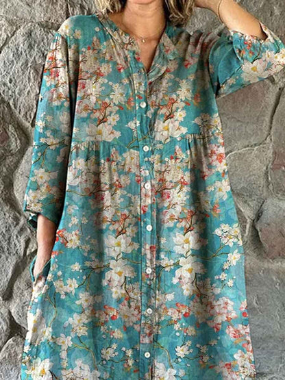 Women's Vintage Floral Pattern Shirt Style Cotton and Linen Dress