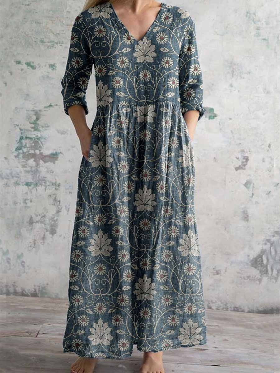 Robe élégante en coton et lin à motifs floraux vintage pour femme avec poches 
