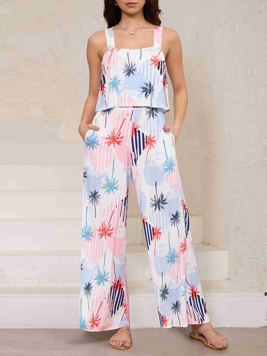 Women's Printed Suspenders Wide Leg Jumpsuit